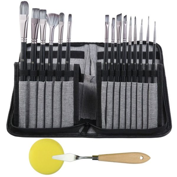 17 in 1 Acrylic Paint Brush Multi-Purpose Nylon Wool Watercolor Paint Brush Art Painting Material Qith Canvas Painting Bag (Black)