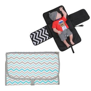 Portable Baby Changing Mat Multifunctional Baby Changing Table Waterproof Bag (Green Thin Waves)