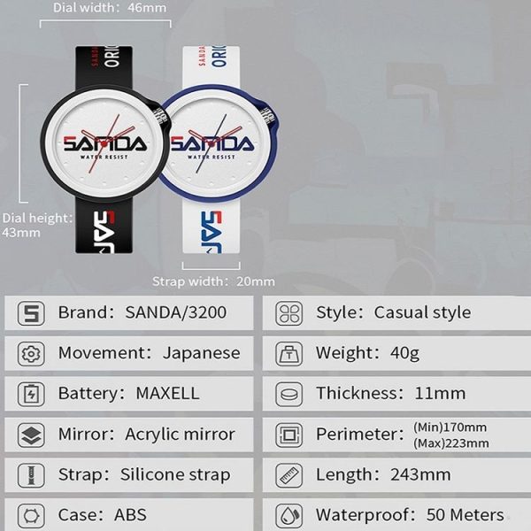 SANDA 3200 Silicone Belt Quartz Sports Watch For Men And Women (White Red) - Image 7