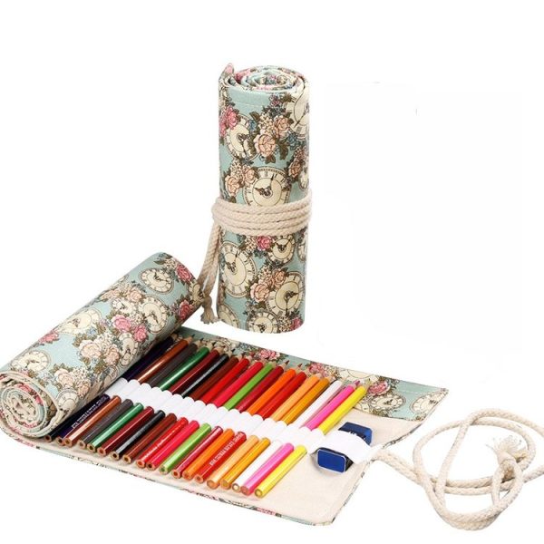 24 Holes Handmade Canvas Pen Curtain Large-Capacity Pencil Case For Boys And Girls Color Pencil Sketch Stationery Box (Clock)