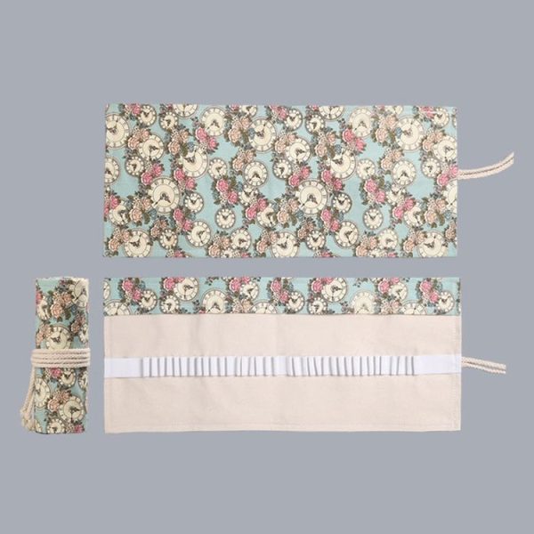 24 Holes Handmade Canvas Pen Curtain Large-Capacity Pencil Case For Boys And Girls Color Pencil Sketch Stationery Box (Clock) - Image 2
