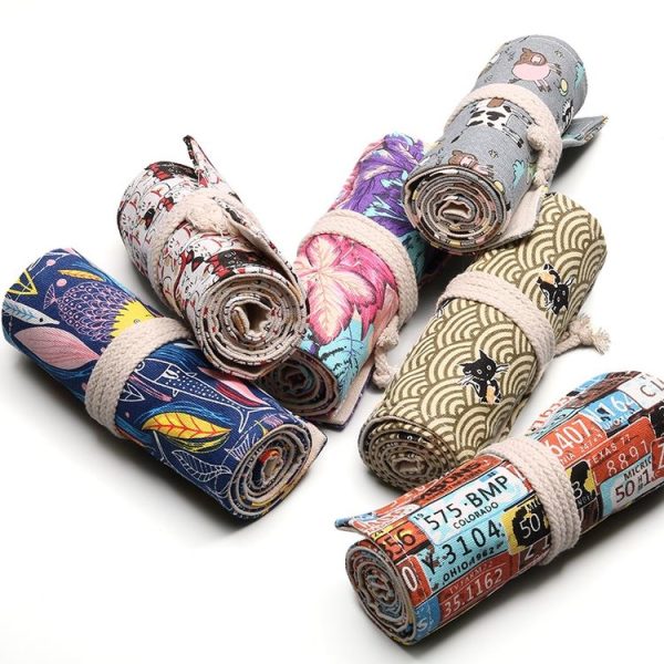 24 Holes Handmade Canvas Pen Curtain Large-Capacity Pencil Case For Boys And Girls Color Pencil Sketch Stationery Box (Clock) - Image 3