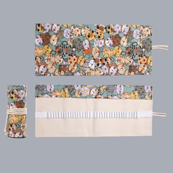 12 Holes Cotton Canvas Large Capacity Pen Curtain Big Face Cute Cat Cartoon Color Pencil Bag - Image 2