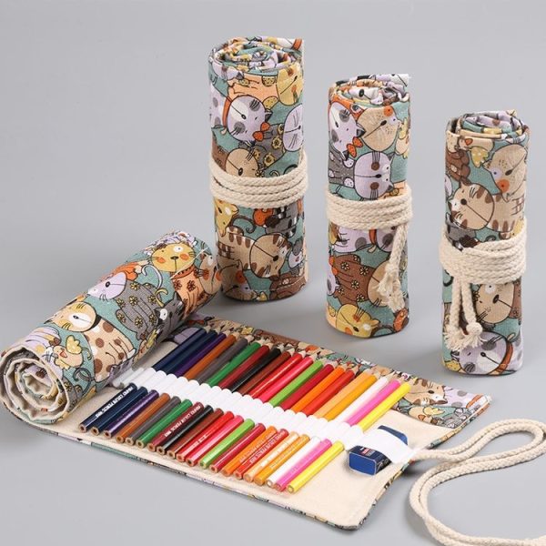 12 Holes Cotton Canvas Large Capacity Pen Curtain Big Face Cute Cat Cartoon Color Pencil Bag - Image 5