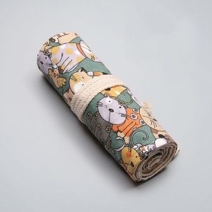 108 Holes Cotton Canvas Large Capacity Pen Curtain Big Face Cute Cat Cartoon Color Pencil Bag