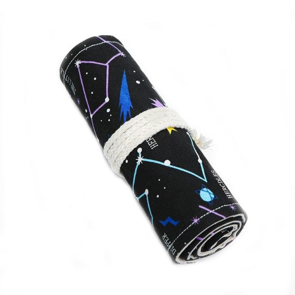 12 Holes Night Sky Sketch Color Pencil Bag Students Large-Capacity Canvas Pen Curtain Roll Pen Bag