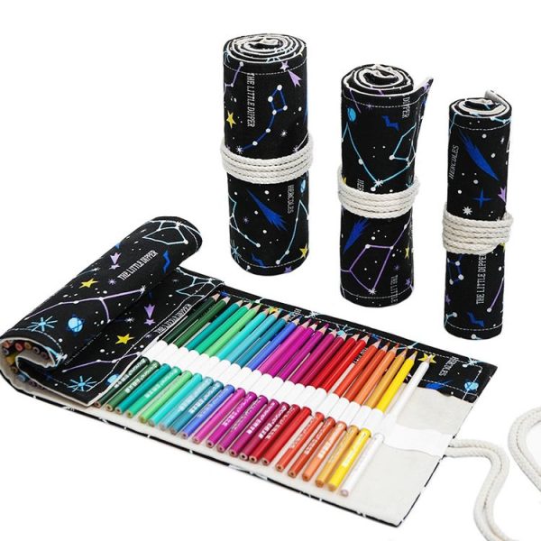 12 Holes Night Sky Sketch Color Pencil Bag Students Large-Capacity Canvas Pen Curtain Roll Pen Bag - Image 4