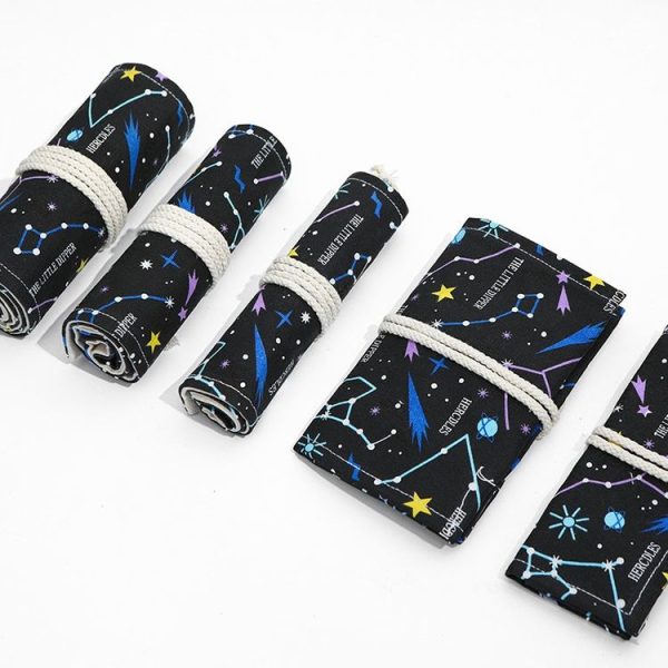 48 Holes Night Sky Sketch Color Pencil Bag Students Large-Capacity Canvas Pen Curtain Roll Pen Bag - Image 3