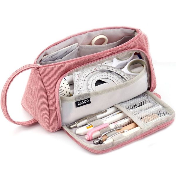 Angoo Student Large-Capacity Stationery Bag Portable Gift Cosmetic Bag (Bean Pink Corduroy)