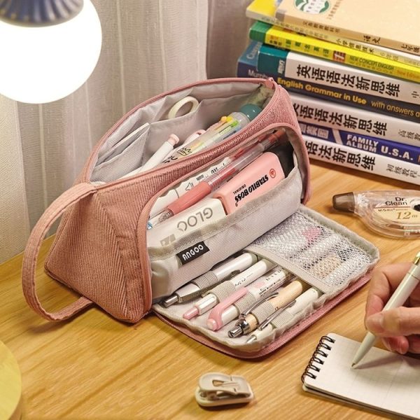 Angoo Student Large-Capacity Stationery Bag Portable Gift Cosmetic Bag (Bean Pink Corduroy) - Image 5
