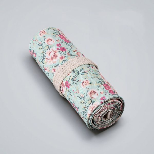 24 Holes Small Floral Canvas Handmade Pen Curtain Sketch Color Pencil Roll Pen Bag Storage Stationery Box