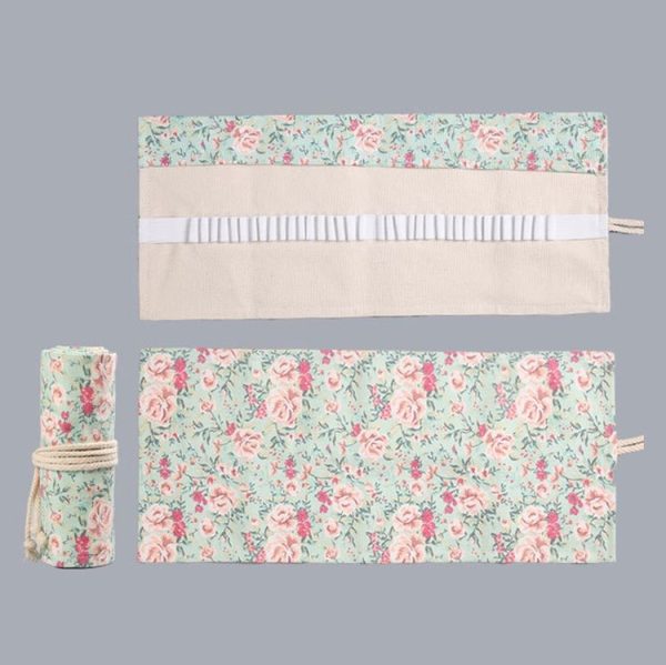 24 Holes Small Floral Canvas Handmade Pen Curtain Sketch Color Pencil Roll Pen Bag Storage Stationery Box - Image 2