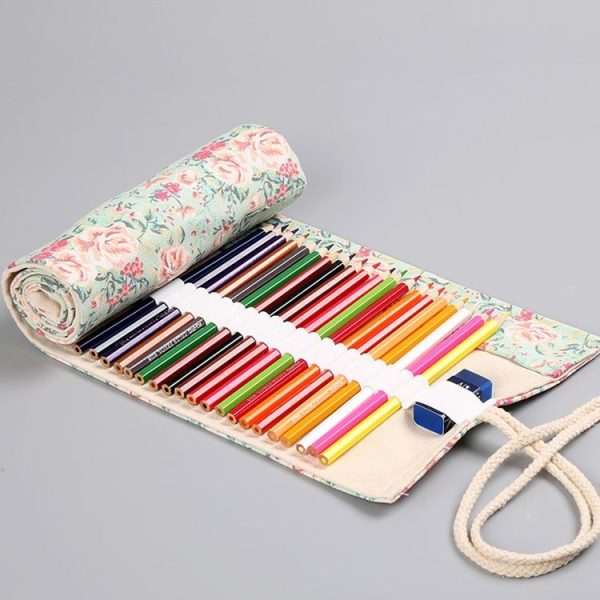 24 Holes Small Floral Canvas Handmade Pen Curtain Sketch Color Pencil Roll Pen Bag Storage Stationery Box - Image 4