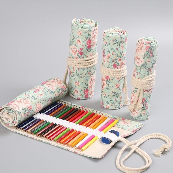 24 Holes Small Floral Canvas Handmade Pen Curtain Sketch Color Pencil Roll Pen Bag Storage Stationery Box - Image 5