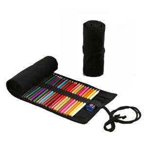 48 Holes Pure Black Handmade Canvas Roll Pen Bag Large Capacity Boy And Girl Sketch Color Pencil Curtain