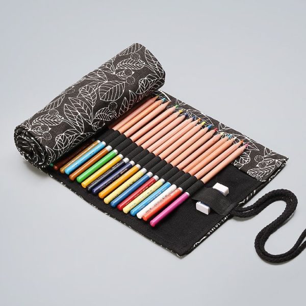 72 Holes Black Leaf Canvas Printing Pen Curtain Large Capacity Roll Pen Bag Sketch Color Lead Pen Bag - Image 5