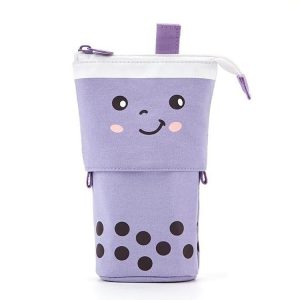 ANGOO Cute Girl Heart Multifunctional Pen Holder Stationery Retractable Storage Bag (Taro Milk Tea)
