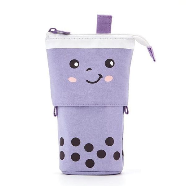 ANGOO Cute Girl Heart Multifunctional Pen Holder Stationery Retractable Storage Bag (Taro Milk Tea)