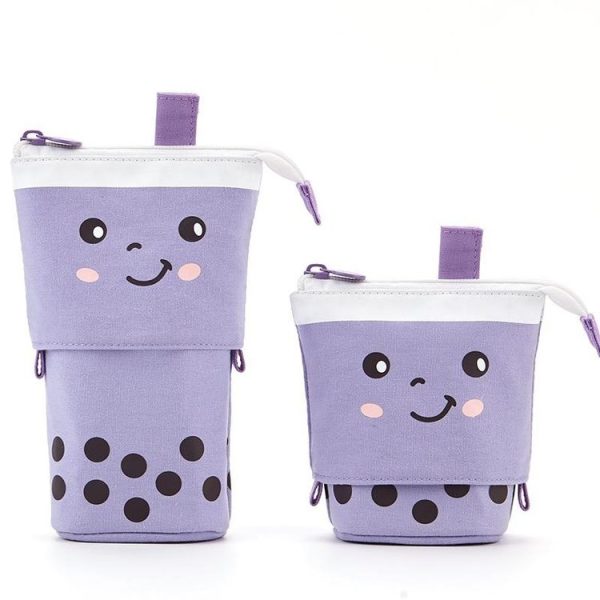ANGOO Cute Girl Heart Multifunctional Pen Holder Stationery Retractable Storage Bag (Taro Milk Tea) - Image 2