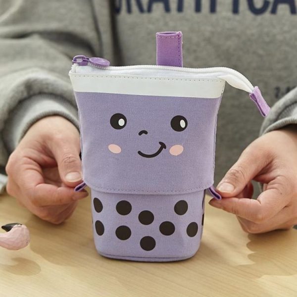 ANGOO Cute Girl Heart Multifunctional Pen Holder Stationery Retractable Storage Bag (Taro Milk Tea) - Image 5