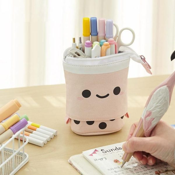ANGOO Cute Girl Heart Multifunctional Pen Holder Stationery Retractable Storage Bag (Taro Milk Tea) - Image 7