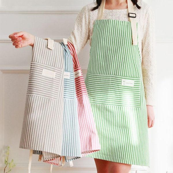 Kitchen Home Cooking Apron Restaurant Works Striped Cotton And Linen Apron (Green) - Image 2