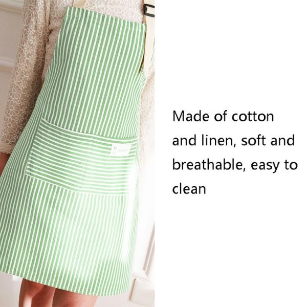 Kitchen Home Cooking Apron Restaurant Works Striped Cotton And Linen Apron (Green) - Image 4
