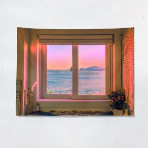 Sea View Window Background Cloth Fresh Bedroom Homestay Decoration Wall Cloth Tapestry, Size: 150x100cm (Window-3)