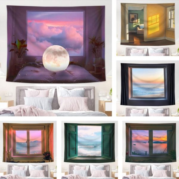 Sea View Window Background Cloth Fresh Bedroom Homestay Decoration Wall Cloth Tapestry, Size: 150x100cm (Window-3) - Image 2