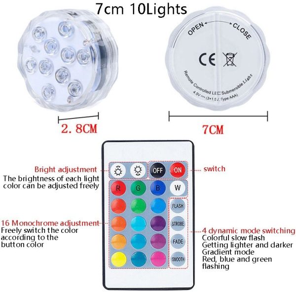 LED Remote Control Diving Light Pool Waterproof Underwater Lamp, Spec: 7cm 10 LEDs+IR 24-key Remote Control (2 PCS +2 Remote Control) - Image 3