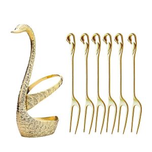 Swan Fruit Fork And Spoon Set Dessert Fork Fruit Fork Rack Tableware Wedding Gift, Colour: Golden Stripe With 6 Fork