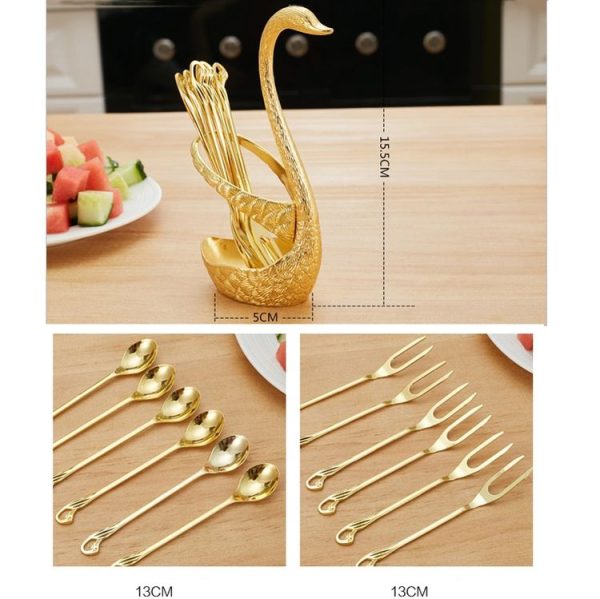 Swan Fruit Fork And Spoon Set Dessert Fork Fruit Fork Rack Tableware Wedding Gift, Colour: Golden Stripe With 6 Spoons - Image 3