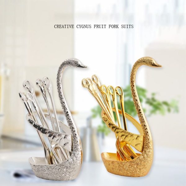 Swan Fruit Fork And Spoon Set Dessert Fork Fruit Fork Rack Tableware Wedding Gift, Colour: Silver Striped Base - Image 2