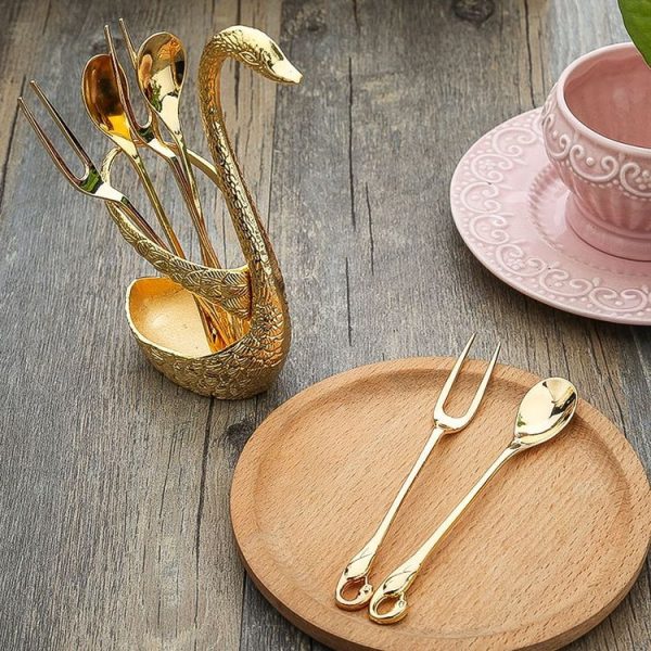 Swan Fruit Fork And Spoon Set Dessert Fork Fruit Fork Rack Tableware Wedding Gift, Colour: Silver Striped Base - Image 4