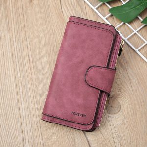 B821 Ladies Frosted Coin Purse PU Leather Clutch Multi-Purpose Long Wallet Large Capacity Card Case (Purple Red)