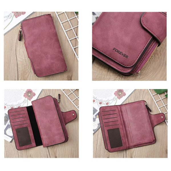B821 Ladies Frosted Coin Purse PU Leather Clutch Multi-Purpose Long Wallet Large Capacity Card Case (Purple Red) - Image 5