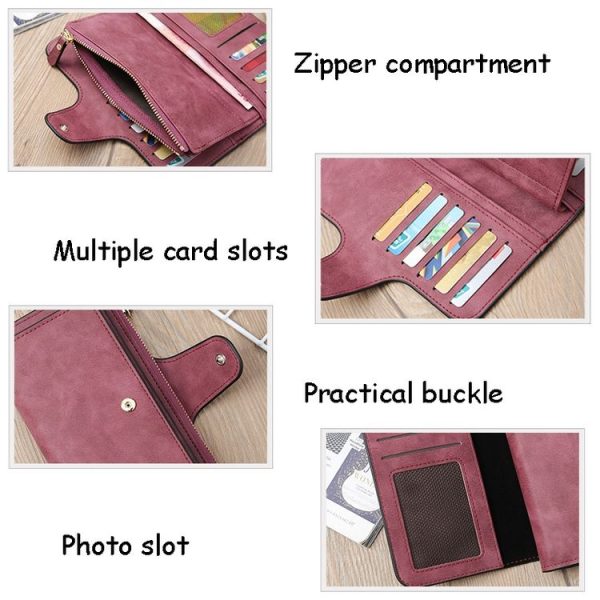 B821 Ladies Frosted Coin Purse PU Leather Clutch Multi-Purpose Long Wallet Large Capacity Card Case (Purple Red) - Image 6
