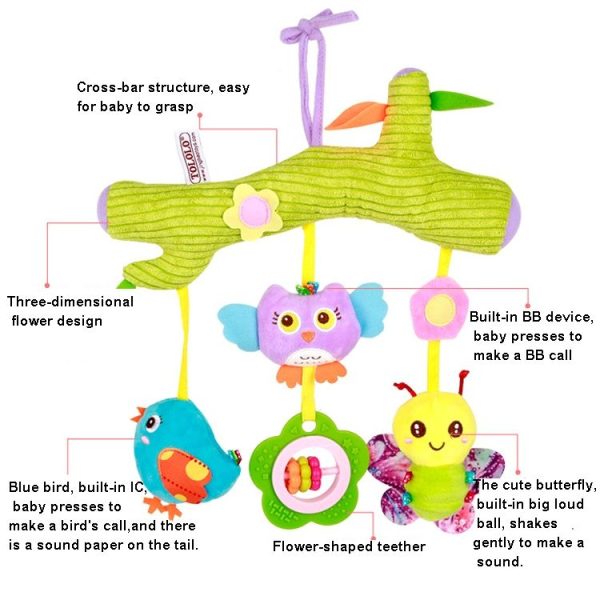 Baby Toys 0-1 Year Old Animal Bed Bells Soothing Plush Toys Baby Rattles Baby Carriage Hanging (C Crossbar - Birds) - Image 4
