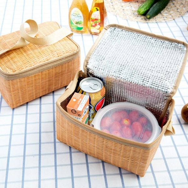 Portable Insulated Thermal Lunch Box Canvas Imitation Rattan Lunch Bag Picnic Container - Image 4