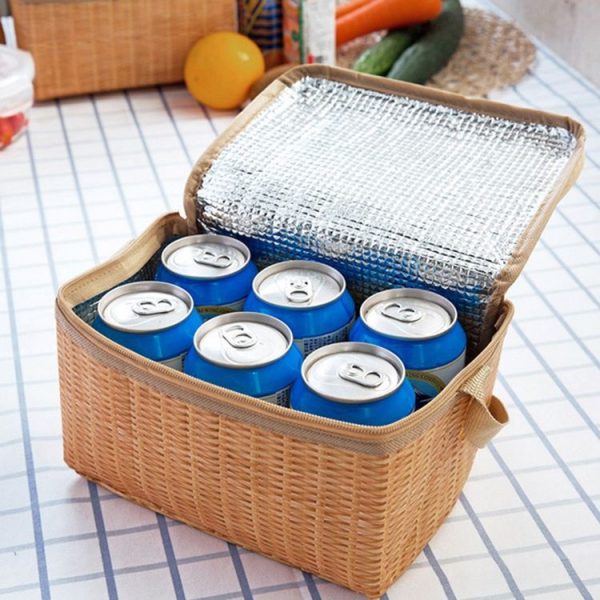 Portable Insulated Thermal Lunch Box Canvas Imitation Rattan Lunch Bag Picnic Container - Image 5