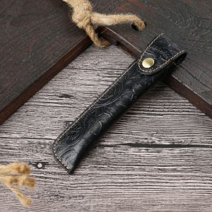 Pen Bag Personality Retro Pure Handmade First Layer Leather Pen Case Protective Cover (Carved Skin Black)
