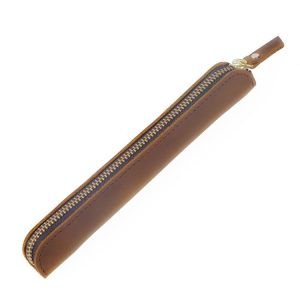 Retro Simple Leather Stylus Leather Zipper Pen Protection Case Crazy Horse Skin Mini Pen Case (Yellow Brown)
