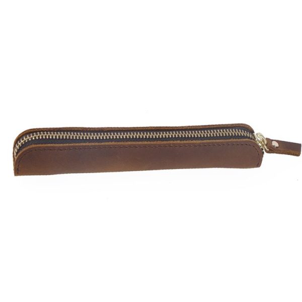 Retro Simple Leather Stylus Leather Zipper Pen Protection Case Crazy Horse Skin Mini Pen Case (Yellow Brown) - Image 3