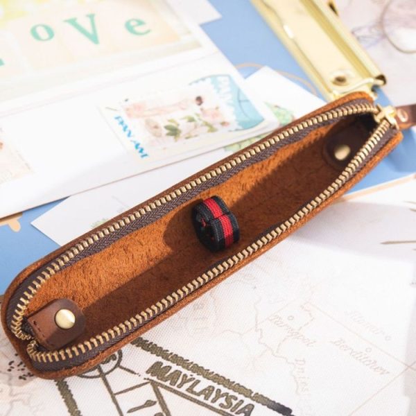 Retro Simple Leather Stylus Leather Zipper Pen Protection Case Crazy Horse Skin Mini Pen Case (Yellow Brown) - Image 4