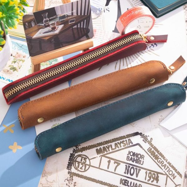 Retro Simple Leather Stylus Leather Zipper Pen Protection Case Crazy Horse Skin Mini Pen Case (Yellow Brown) - Image 6