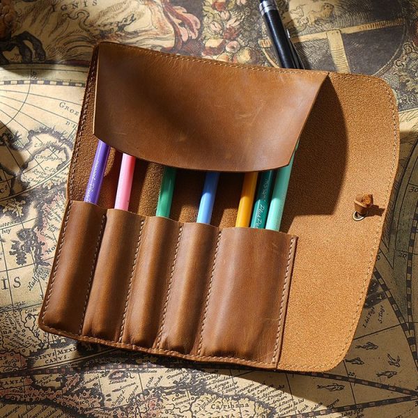 Retro First Layer Cowhide Pen Curtain Simple Literary Pencil Case Multifunctional Volume Pencil Case (Crazy Horse Skin Brown) - Image 2
