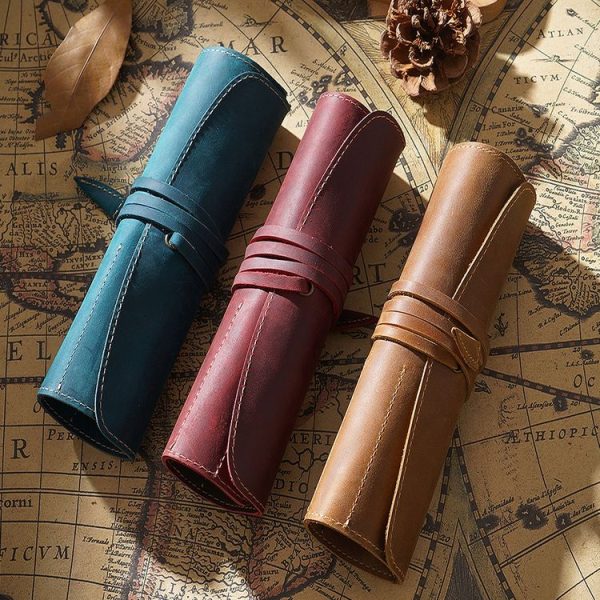 Retro First Layer Cowhide Pen Curtain Simple Literary Pencil Case Multifunctional Volume Pencil Case (Crazy Horse Skin Brown) - Image 3