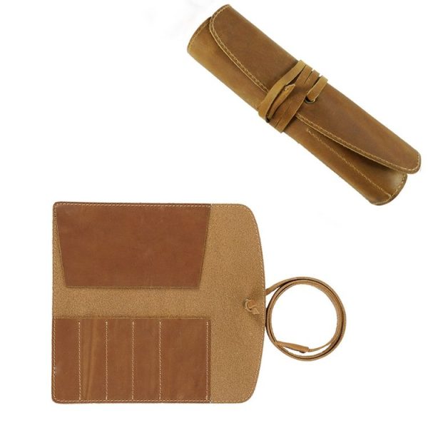 Retro First Layer Cowhide Pen Curtain Simple Literary Pencil Case Multifunctional Volume Pencil Case (Crazy Horse Skin Brown) - Image 6