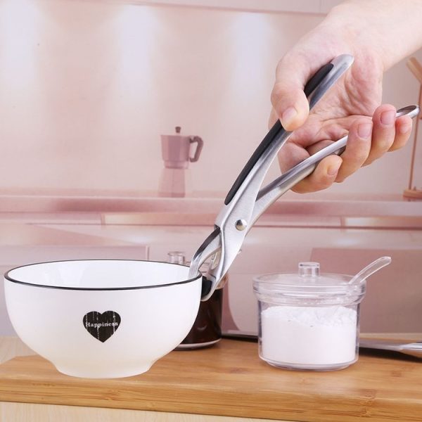 Kitchen 304 Stainless Steel Inlaid Rubber Non-Slip Anti-Scald Dish Holder And Tray Lifter (Black) - Image 2