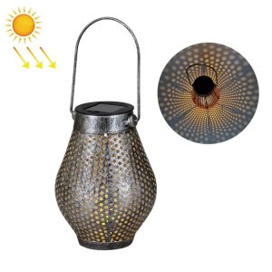 Outdoor Courtyard Wrought Iron LED Solar Portable Hollow Lantern (Silver)